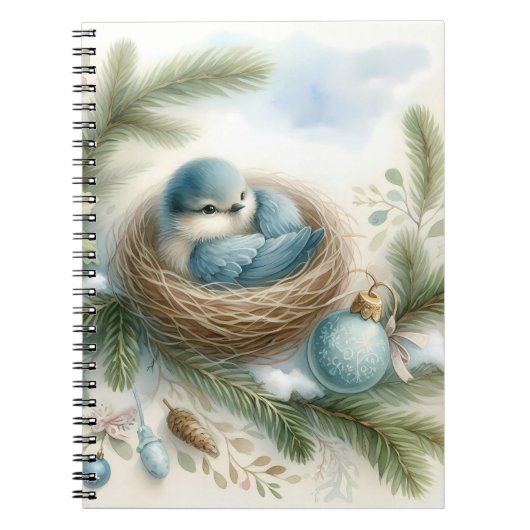 Bluebird Nest with Ornaments in Winter Pines  ノートブック (正面)