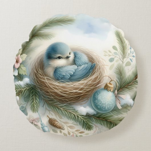 Bluebird Nest with Ornaments in Winter Pines ラウンドクッション (正面)