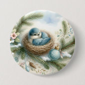Bluebird Nest with Ornaments in Winter Pines 缶バッジ (正面)