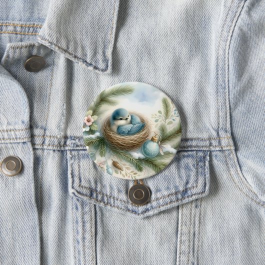 Bluebird Nest with Ornaments in Winter Pines 缶バッジ (インサイチュ)