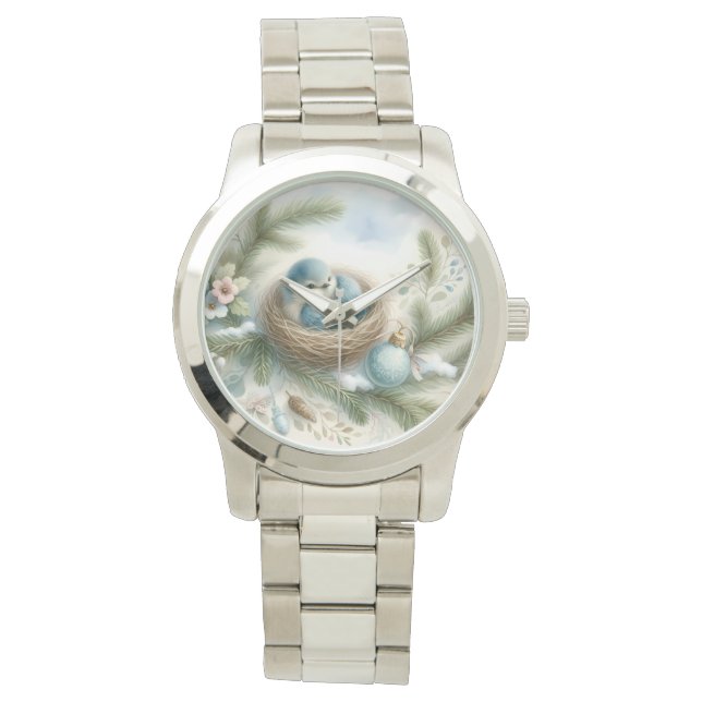 Bluebird Nest with Ornaments in Winter Pines 腕時計 (正面)