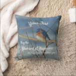Bluebird Of Happiness Inspirational Personalized   クッション<br><div class="desc">A pretty little bluebird wintering over resting on a branch against a backdrop of snow with the inspirational words May the bluebird of happiness always reside within you.  Personalize with your text.  Nature photography by Susan.</div>