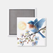 Bluebird on Blossom Branch Square Magnet マグネット (正面/裏面)
