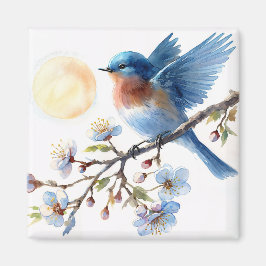 Bluebird on Blossom Branch Square Magnet マグネット