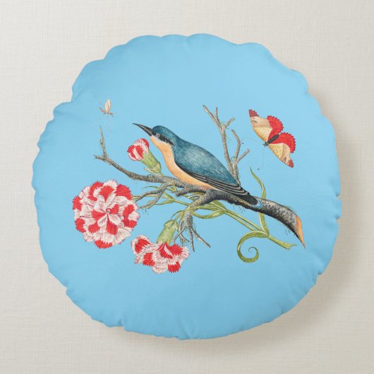 Bluebird on carnations,ヴィンテージイラストレーション, ラウンドクッション (正面)