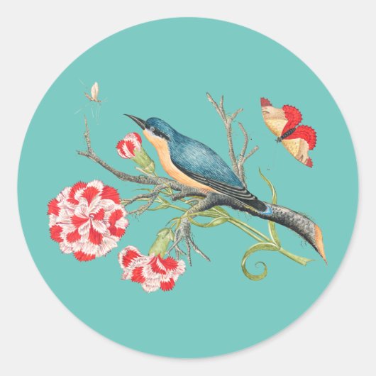 Bluebird on carnations,ヴィンテージイラストレーション, ラウンドシール (正面)