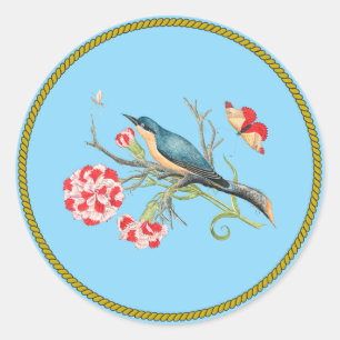 Bluebird on carnations,ヴィンテージイラストレーション, ラウンドシール