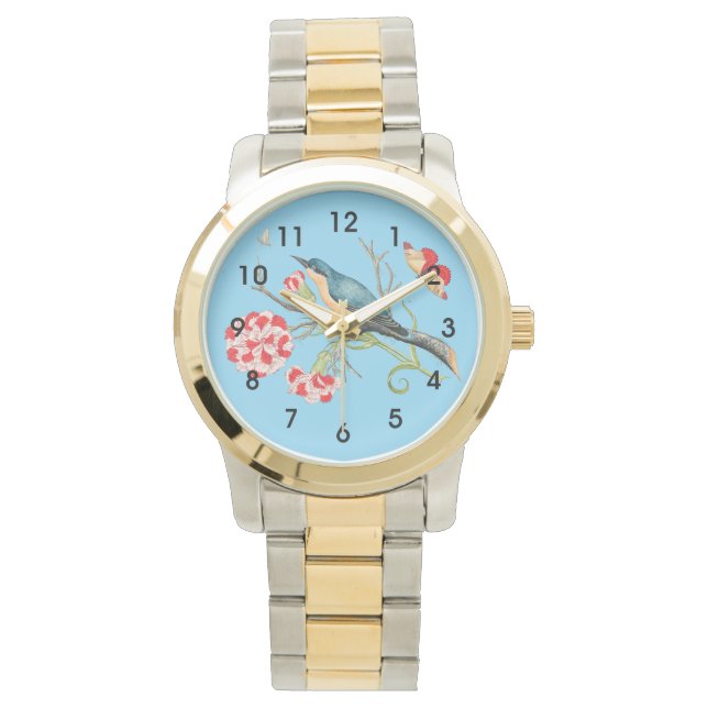 Bluebird on carnations, vintage illustration, 腕時計 (正面)