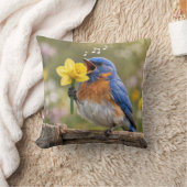 Bluebird Singing Into a Yellow Daffodil クッション (ブランケット)