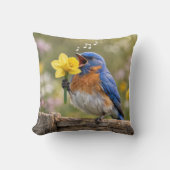 Bluebird Singing Into a Yellow Daffodil クッション (正面)