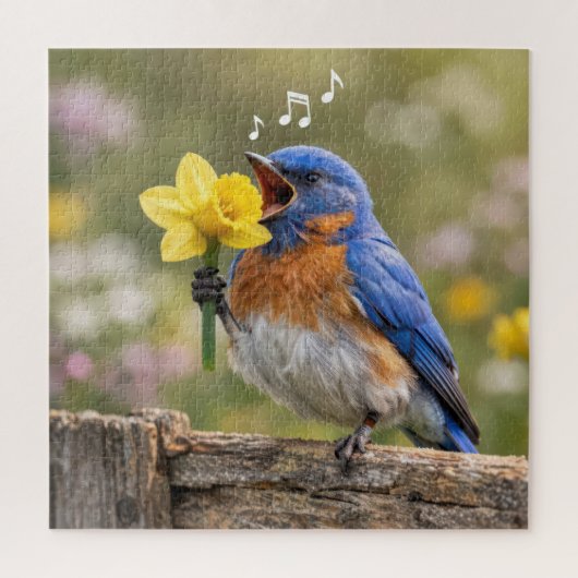 Bluebird Singing Into a Yellow Daffodil ジグソーパズル (縦)