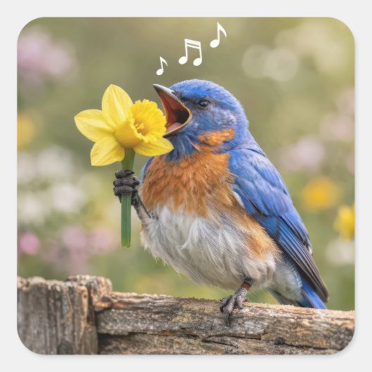 Bluebird Singing Into a Yellow Daffodil スクエアシール (正面)