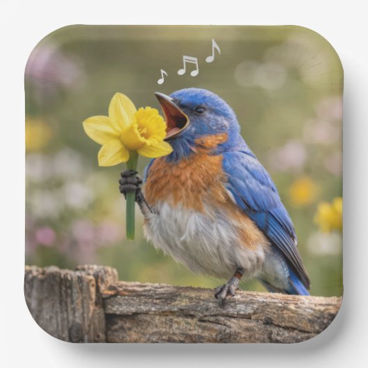 Bluebird Singing Into a Yellow Daffodil ペーパープレート (正面)