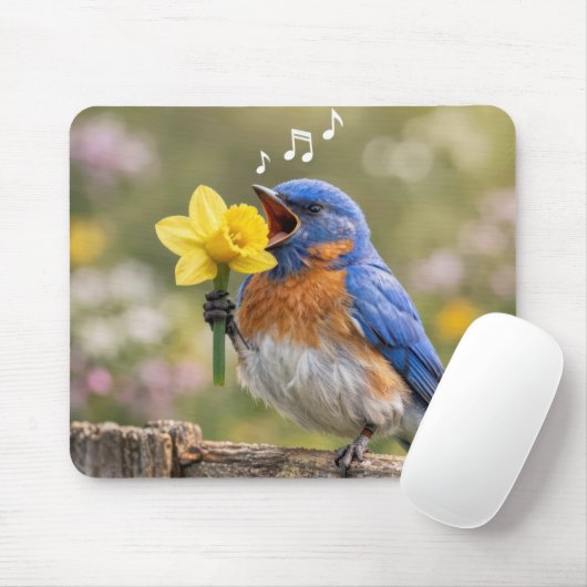 Bluebird Singing Into a Yellow Daffodil マウスパッド (マウス)
