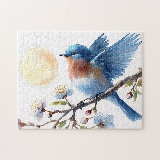 Bluebird Spring Blossom Bird Art ジグソーパズル (横)