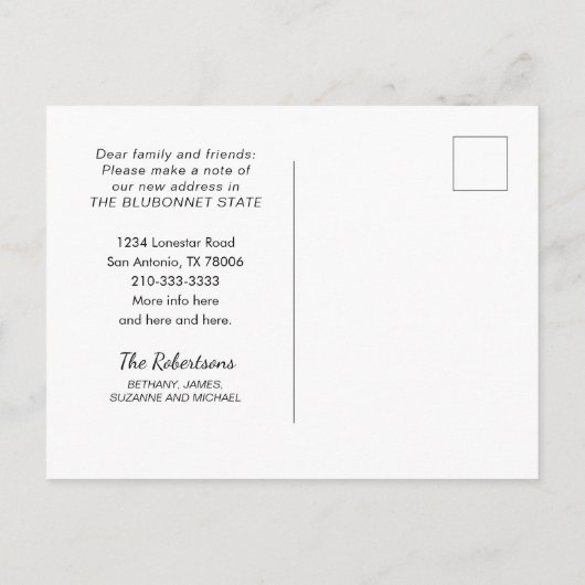 Bluebonnetに移動州テキサス州マップ新しい住所 案内ポストカード (裏面)