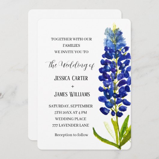 Bluebonnetエレガントテキサス州ウォーター色フローラ結婚ズ 招待状 (正面/裏面)
