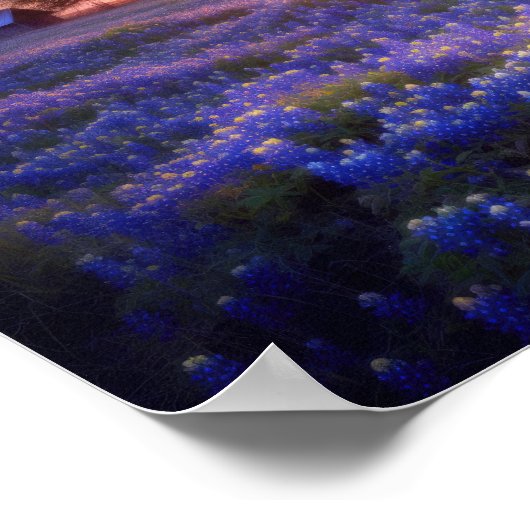 Bluebonnet Field at Sunset with Old Barn and Tree ポスター (角)