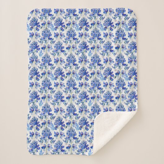 Bluebonnet Floral Pattern Blue and White シェルパブランケット (正面)