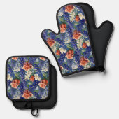 BluebonnetsとRed Rosesパターン 鍋つかみ&鍋敷きセット (正面/裏面)