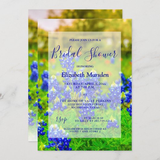 Bluebonnetsエレガントフローラフォトブライダルシャワー 招待状 (正面/裏面)