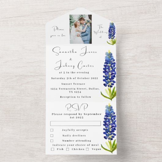 Bluebonnetsテキサス州ブルーフローラ結婚写真 オールインワン招待状 (内側)