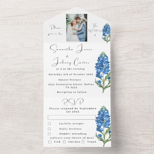 Bluebonnetsテキサス州ブルーフローラ結婚写真 オールインワン招待状 (内側)