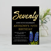 Bluebonnetsフローラ70誕生日ブラック金ゴールドテキサス州 箔招待状 (立ち正面)