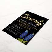 Bluebonnetsフローラ70誕生日ブラック金ゴールドテキサス州 箔招待状 (回転した状態)