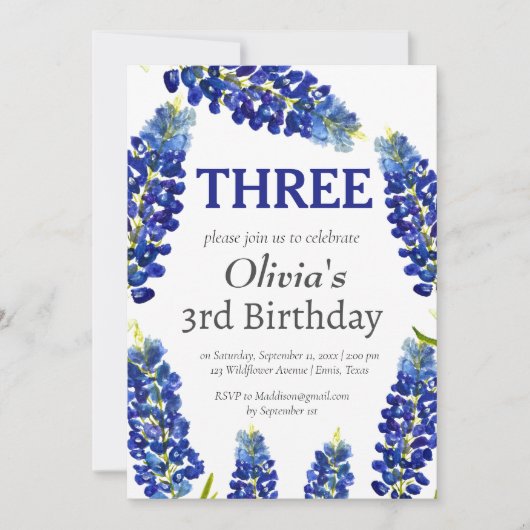 Bluebonnets 3番目の第3誕生日ブルーフローラ 招待状 (正面)