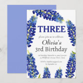 Bluebonnets 3番目の第3誕生日ブルーフローラ 招待状 (正面/裏面)