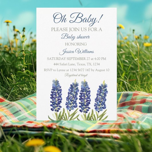 Bluebonnets Blue Floral Watercolor Texas Baby boy 招待状