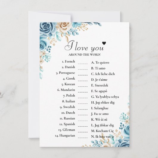 BlueIは世界中であなたを愛しているブライダルゲームカード 招待状 (正面)
