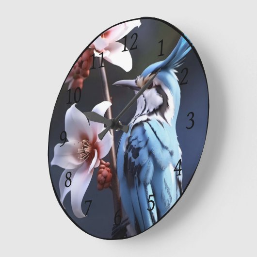 Bluejayと花 ラージ壁時計 (傾斜)