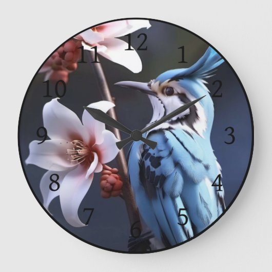 Bluejayと花 ラージ壁時計 (正面)