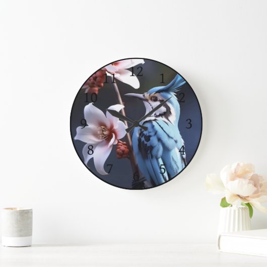 Bluejayと花 ラージ壁時計 (ホーム)