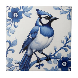 BlueJay Jay Bird Delft青と白アジアフローラ タイル