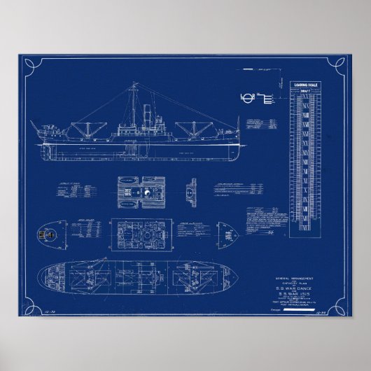 Blueprint of Lake Freighter SS War Dance Print ポスター (正面)