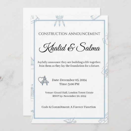 Blueprint of Love: Construction Theme Wedding Invi 招待状 (正面/裏面)