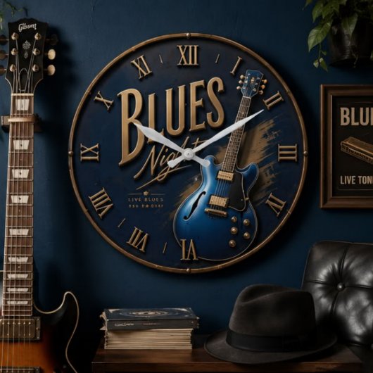 Blues Night Guitar Vintage Electric Guitar ラージ壁時計