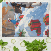Bluestick Conhound走 Christmasと雪の中 キッチンタオル (折り畳み)