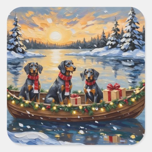 Bluetick Coonhound Christmas Boat Holiday スクエアシール (正面)