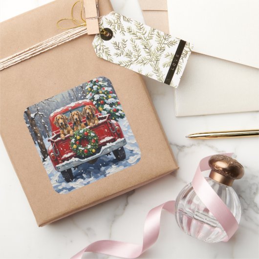 Bluetick Coonhound Christmas Red Truck Holiday スクエアシール (ギフト)