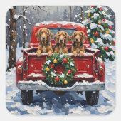 Bluetick Coonhound Christmas Red Truck Holiday スクエアシール (正面)