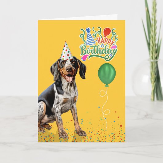 Bluetick Coonhound Dog Party Hat Yellow Birthday カード (正面)