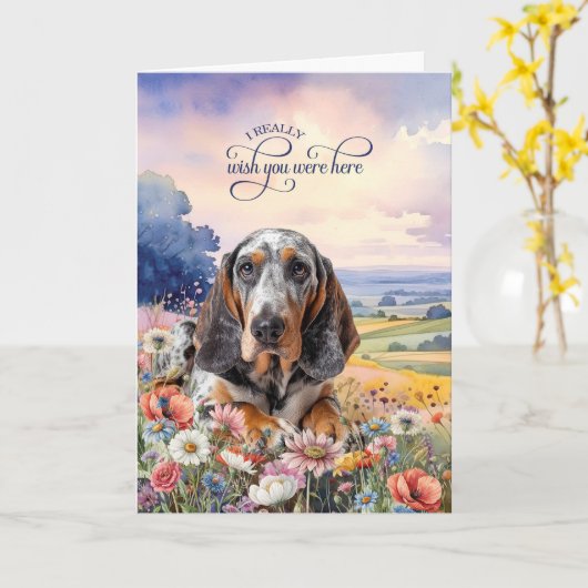 Bluetick Coonhound Dog Wildflowers Miss You カード (黄色い花)