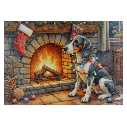 Bluetick Coonhound Fireplace with Christmas Lights カッティングボード (正面)