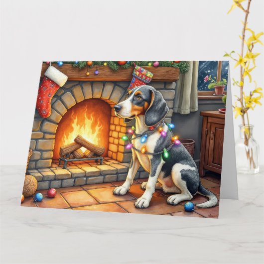 Bluetick Coonhound Fireplace with Christmas Lights カード (黄色い花)
