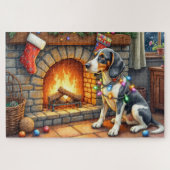 Bluetick Coonhound Fireplace with Christmas Lights ジグソーパズル (横)