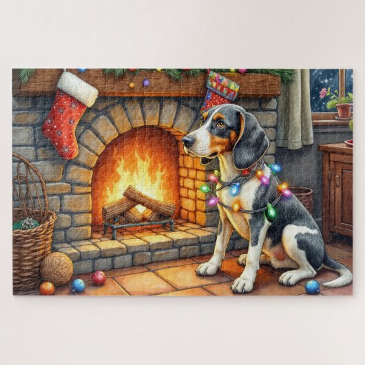 Bluetick Coonhound Fireplace with Christmas Lights ジグソーパズル (横)